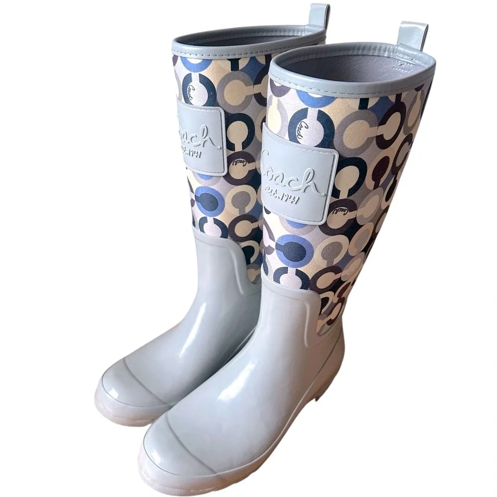 COACH Boots Women’s “Signature C” Tall Rain Boot Gray Blue Cream Pearl Size 7B